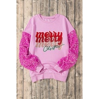 Pink Merry Christmas Graphic Sequin Sleeve Patchwork Top - M