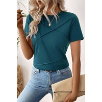 Blue Sapphire Solid Color Toothpick Stripe Round Neck T Shirt - L