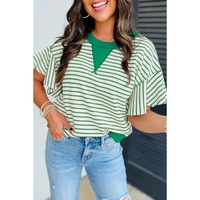 Bright Green Contrast Detail Striped Ruffle Short Sleeve Top - M
