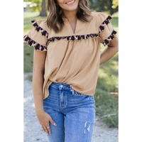 Smoke Gray Leopard Ruffles Trim Tiered Short Sleeve Blouse - L