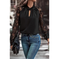 Black Keyhole Neckline Floral Lace Raglan Sleeve Blouse - M