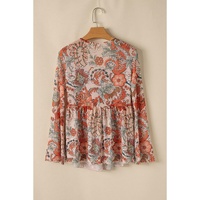 Orange Floral Print Deep V Neck Knot Bell Sleeve Blouse - L