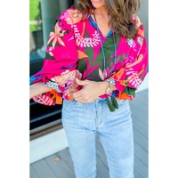 Rose Blooming Flower Print Ruffled Puff Sleeve Blouse - M