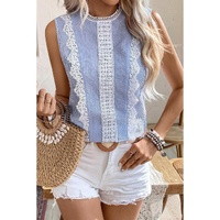 Sky Blue Stripe Lace Patchwork Crew Neck Tank Top - M