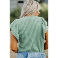 Moonlight Jade Solid Color Textured Flutter Sleeve Top - L