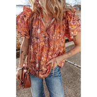 Orange Floral Print Ruffled Flutter Sleeve Frilled V Neck Blouse - L