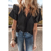 Black Ruffled Puff Short Sleeve Loose Blouse - M