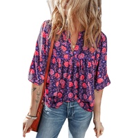 Purple Floral Half Sleeve Split Neck Blouse Top - L