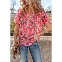 Red Floral Print Ruffled Puff Short Sleeve Blouse - L