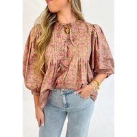 Light French Beige Floral Print Bow Pintuck Bust Half Puff Sleeve Blouse Top - L