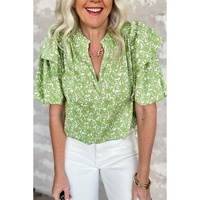 Light Green Floral Ruffle Puff Short Sleeve Frilled Collar V Neck Blouse - L