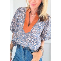 Ashleigh Blue Leopard Print Spot Contrast V Neck Half Puff Sleeve Shirt - L
