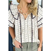White Floral Ruffled Collar Short Puff Sleeve Printed Blouse - M