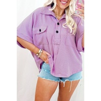 Orchid Bouquet Corded Flap Pocket Collared Buttoned Short Sleeve Blouse - L