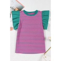 Pink Stripe Colorblock Ruffled Sleeve Crew Neck Blouse - L