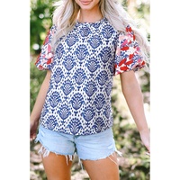 Blue Western Fashion Print Floral Puff Sleeve Frilled Neck Blouse - L