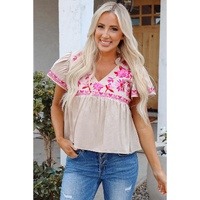 Beige Floral Embroidered Short Sleeve Notched V Neck Blouse - M