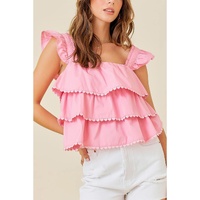 Pink Tiered Heart Trim Square Neck Flutter Top - XL