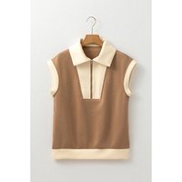 Simply Taupe Half Zipper Collared Colorblock Short Sleeve Top - L