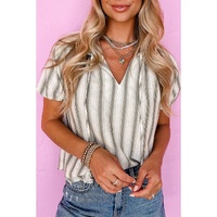 Gray Stripe Frilled Tie Neck Short Sleeve Blouse - L