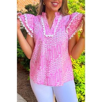 Pink Abstract Print Ric Rac Trim Flutter Sleeve Notch V Neck Blouse - L