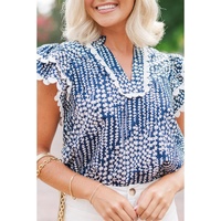 Sky Blue Abstract Print Ric Rac Trim Flutter Sleeve Notch V Neck Blouse - XL