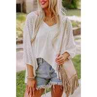 White Eyelet Patchwork High Low Hem V Neck Oversized Top - L