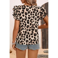 Khaki Leopard Print Layered Ruffled Short Sleeve Blouse - L