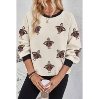 Jet Stream Textured Colorblock Edge Sequin Turkey Graphic Long Sleeve Top - L