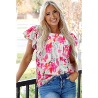Rose Floral Print Flutter Sleeve Round Neck Casual Blouse - L