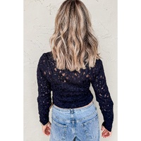 Black Flower Lace See Through Mock Neck Long Sleeve Top - XL