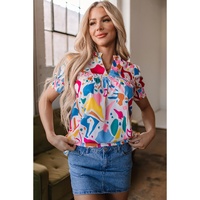 Multicolour Abstract Print Lace Detail Shirred Short Sleeve Split Neck Blouse - L