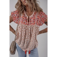Red Printed Embroidery Detail Tie Split Neck Blouse - L
