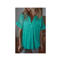 Sea Green Lace Patchwork Split Neck Textured Short Sleeve Blouse - L