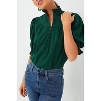 Blackish Green Solid Puff Sleeve Frilled Trim Elegant Blouse - L