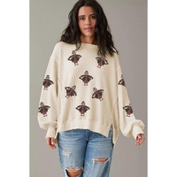 White Thanksgiving Turkey Waffle Oversized Knit Top - L