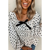 Black Polka Dot Puff Sleeve Bow Square Neck Peplum Top - L