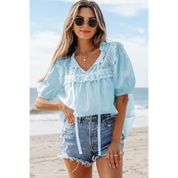 Mist Blue Embroidered Lace Patchwork Tie Neck Puff Short Sleeve Blouse - L