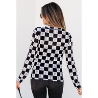 Black Checkerboard Western Elements Printed Mesh Long Sleeve Top - S