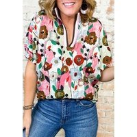 Pink Floral Print Slit V Neck Short Sleeve Blouse - XL