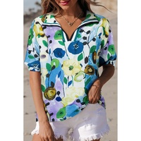 Light Blue Floral Print Slit V Neck Short Sleeve Blouse - S