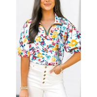 Peacock Blue Floral Print Slit V Neck Short Sleeve Blouse - L