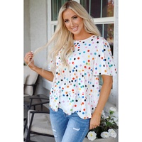 White Colorful Polka Dot Short Sleeve Tiered Ruffled Babydoll Blouse - L