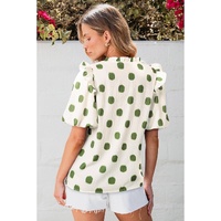 Apricot Polka Dot Print Shirred Yoke Notched Neck Balloon Sleeve Blouse - L
