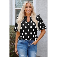 Black Polka Dot Print Shirred Yoke Notched Neck Balloon Sleeve Blouse - L