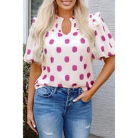 Rose Polka Dot Print Shirred Yoke Notched Neck Balloon Sleeve Blouse - L