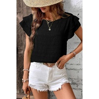 Black Textured Ruffled Sleeve Round Neck Top - M