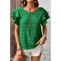 Dark Green Textured Ruffled Sleeve Round Neck Top - L
