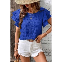 Dark Blue Textured Ruffled Sleeve Round Neck Top - S