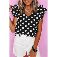 Black Polka Dot Print Ruffled Sleeve V Neck Blouse - L